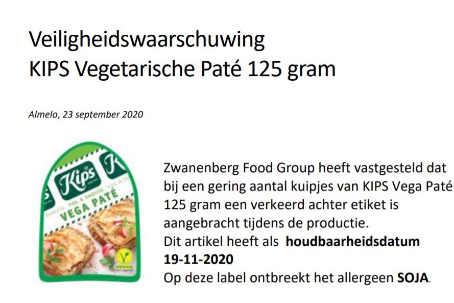 Allergenenwaarschuwing voor KIPS vegetarische paté 125 gram