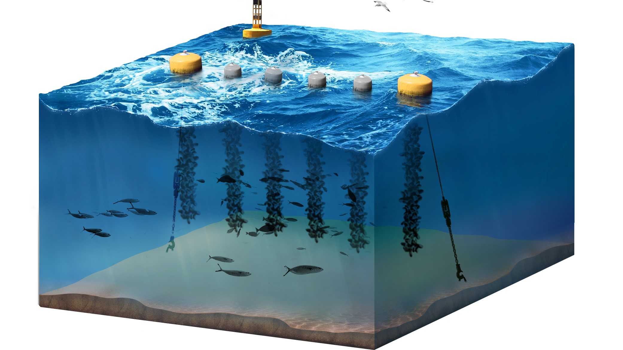 3d isolated illustration section storm sea with big waves on white background