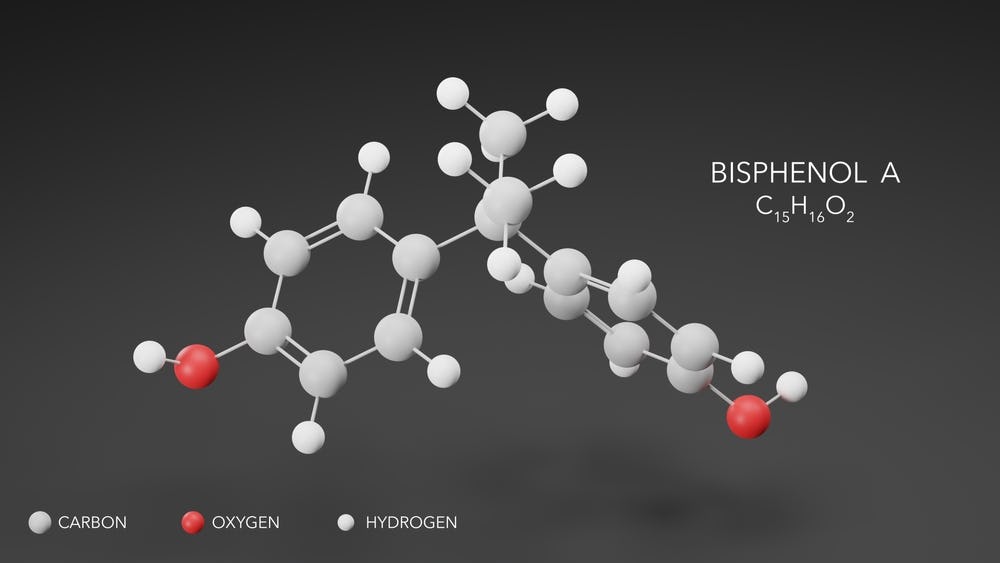 Bisfenol A (ook bekend als BPA) is een chemische stof met de chemische formule C15H16O2. Het is een kunstmatige stof die wordt gebruikt in de productie van plastic. BPA wordt gebruikt als monomeer om polycarbonaatplastic te maken. Het bestaat uit twee fenolen, elk met de formule C6H4OH, die zijn gebonden aan elkaar door een koolstofketen die is gemaakt van een koolwaterstofverbinding met 15 koolstofatomen.