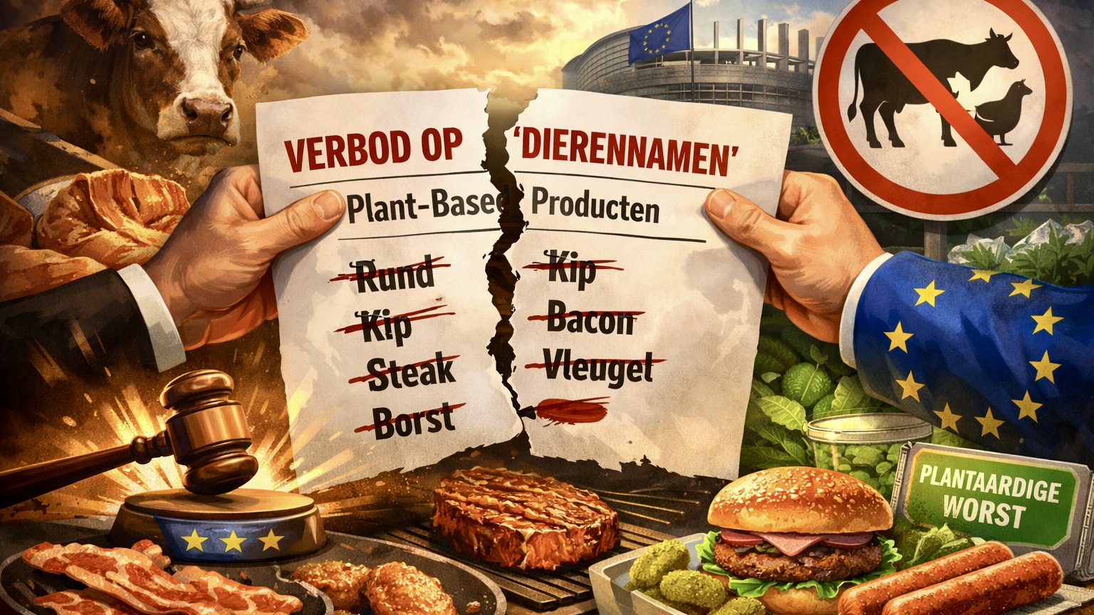 Vleesnamen als rund, kip, steak, bacon, borst, vleugel en poot mogen in de Europese Unie straks niet meer op plantaardige alternatieven staan. De termen worst en burger mogen wel worden gebruikt. (Beeld gegenereerd met AI, bron VMT) 