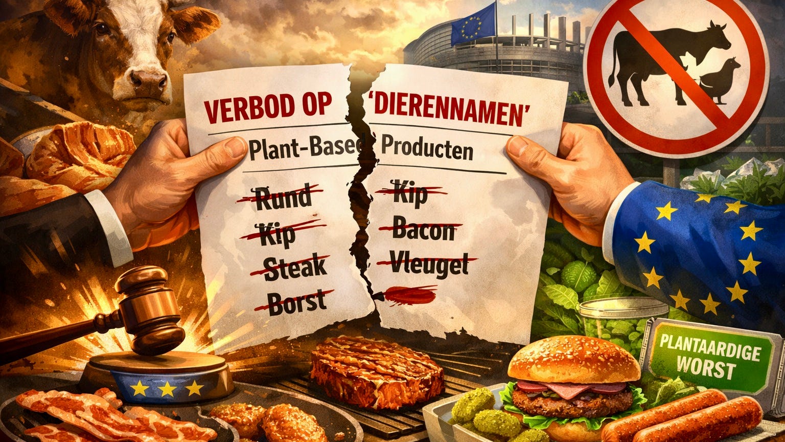 Vleesnamen als rund, kip, steak, bacon, borst, vleugel en poot mogen in de Europese Unie straks niet meer op plantaardige alternatieven staan. De termen worst en burger mogen wel worden gebruikt. (Beeld gegenereerd met AI, bron VMT) 