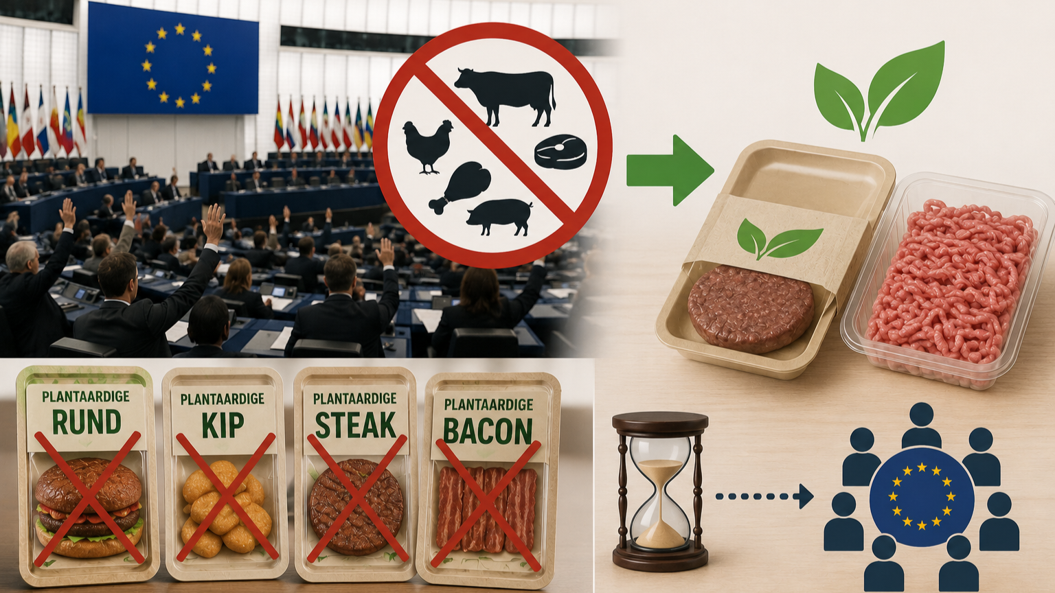 Vleesnamen als rund, kip, steak, bacon, borst, vleugel en poot mogen in de Europese Unie straks niet meer op plantaardige alternatieven staan. De termen worst en burger mogen wel worden gebruikt. (Beeld gegenereerd met AI, bron VMT)