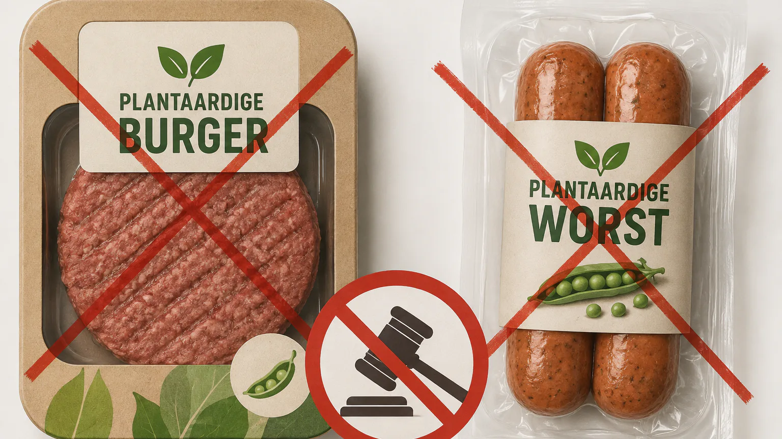 Een nieuw voorstel wil ook het gebruik van benamingen als 'worst' en 'burger' verbieden voor plantaardige producten (Beeld gegenereerd met AI, bron VMT)